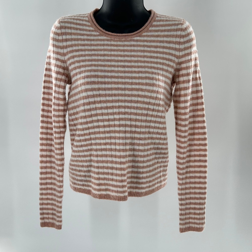 Madewell Womens Striped Ribbed Knit Long Sleeve Crew Neck Sweater‎ XXS Tan White